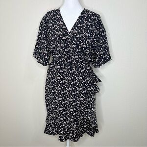 K by Kersh Black Pink White Floral V-Neck Flutter Sleeve Ruffle Wrap Dress XL